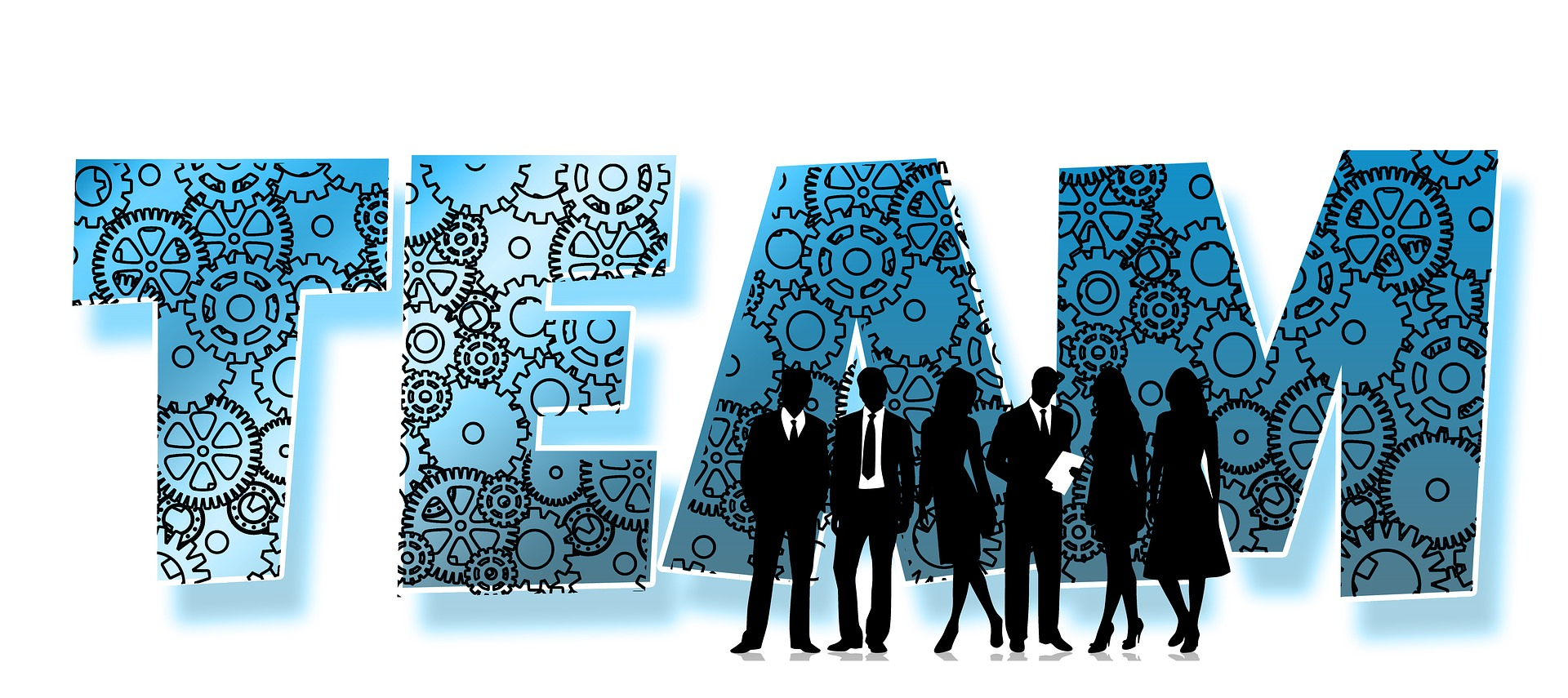 Business team silhouettes in front of TEAM text with gear patterns